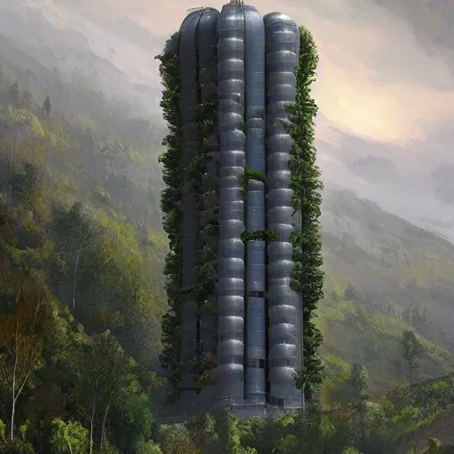 Prompt: vertical farm towers surrounding a sci - fi nuclear containment building in a steep - sided valley with trees, a sense of hope, in the style of edouard groult