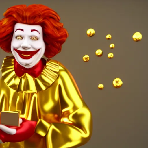 Image similar to a still of ronald mcdonald surrounded by gold and diamonds, award - winning, photograph, 3 d render, unreal engine, 4 k detailed