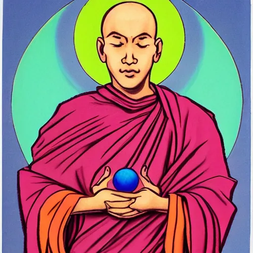 Image similar to a monk with four hands holding two orbs, divine, colorfull