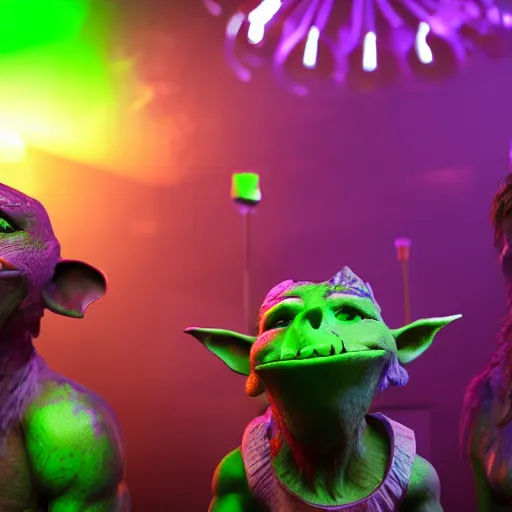 Image similar to goblins partying at a rave, green skin, octane render, 8 k, fantasy