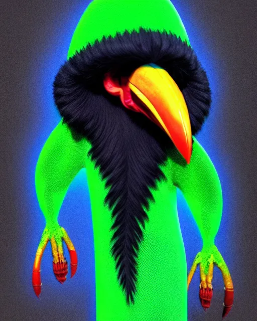 Prompt: realistic bipedal alligator character, long curly fur, full skull shaped face cover, mage robe based on a toucan, 6 toucan beaks, in the style of tim burton, stylized, video animation, hogwarts legacy, chromatic aberration, super natural, neon glow