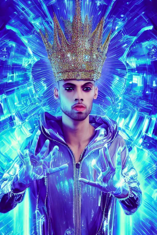 Prompt: hyper detailed ultra sharp portrait of baroque and bladerunner delicate neon diamond sculpture of seductive albino pharaoh zayn malik, diamond blue sphinx iridescent humanoid deity wearing metallic hoody made out of hands holding the sun prismatic dungeon, glowing blue face, crown of white diamonds, cinematic lighting, photorealistic, octane render 8 k depth of field 3 d