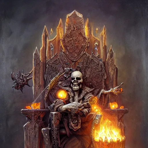Prompt: an Evil necromancer sitting on a throne made of skull, Justin Gerard, realistic painting, Digital art, very detailed, High definition, trending on Artstation