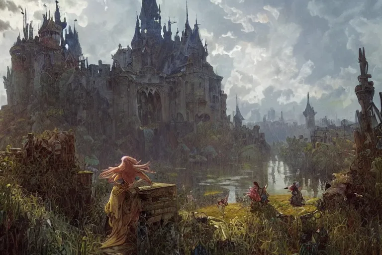 Image similar to a beautiful moody painting of murky swamp with a wrecked castle, peasants living in a slums looking at the castle, by Joe Madureira and Greg Rutkowski and Alphonse Mucha
