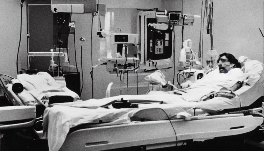 Image similar to 70s movie still of a ill skinny man in hospital, eastmancolor, heavy grain, high quality, higly detailed, liminal space