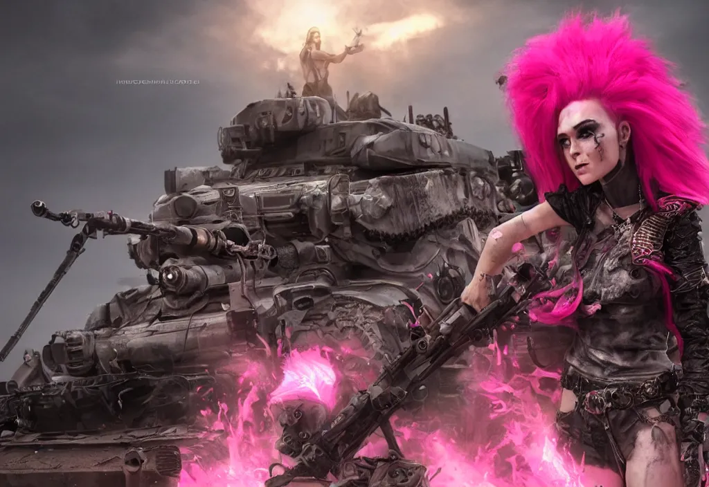 Image similar to beautiful evil apocalyptic woman with pink Mohawk, posing on mad max panzer tank, 4k ultra hd, fantasy dark art, artstation, octane render