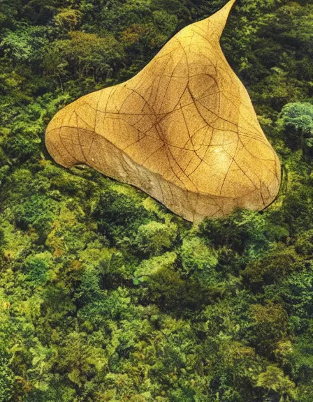 Image similar to vintage color photo of aerial view of a giant 1 1 0 million years old abstract sculpture made of light beams and liquid gold covered by the jungle vines