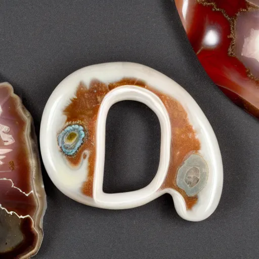 Image similar to a studio portrait of an agate jasper with the letter r in the banding white background