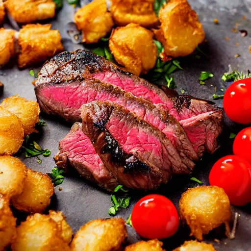 Prompt: juicy steak topped with melted butter, fried onion and a fried tomatoes, crispy buns, 8 k resolution, professional food photography, studio lighting, sharp focus, hyper - detailed