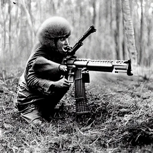 Prompt: “ hamster in the vietnam war, firing his m 1 6, action shot, highly detailed, film photograph ”