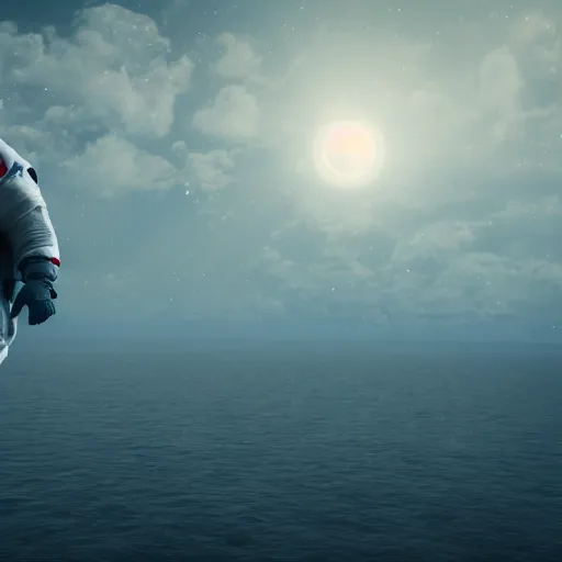 Image similar to photo of dying astronaut floating in sky over ocean, moody, atmospheric, 8k, unreal engine render, hyper realistic, sci fi