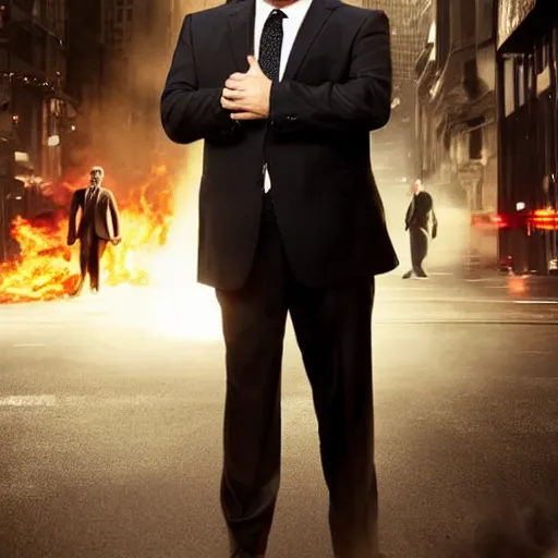 Image similar to clean-shaven Jon Favreau as Happy Hogan wearing a black suit and black necktie falling down into a city with a frightened expression on his face