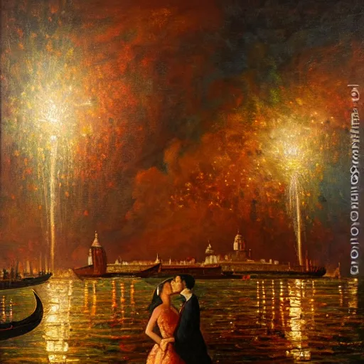 Image similar to an oil painting of couple kissing, in a background fireworks in venice