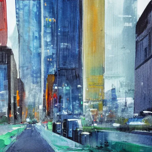 Prompt: city landscape painting, gravity failing
