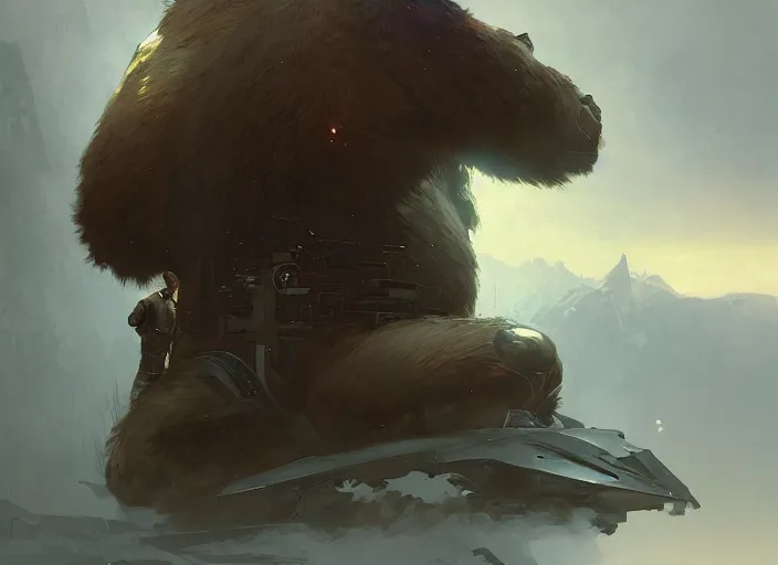 Image similar to a giant bear with a giant proton cannon in his back, elegant, technology, highly detailed, digital painting, artstation, concept art, smooth, sharp focus, illustration, art by krenz cushart and artem demura and alphonse mucha