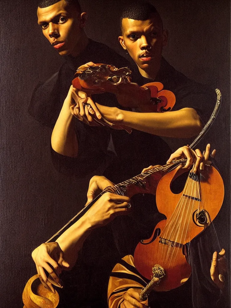 Image similar to a masterpiece portrait of stromae as a bard with a mandolin by caravaggio, epic composition, epic light, exquisite details, dark mood,