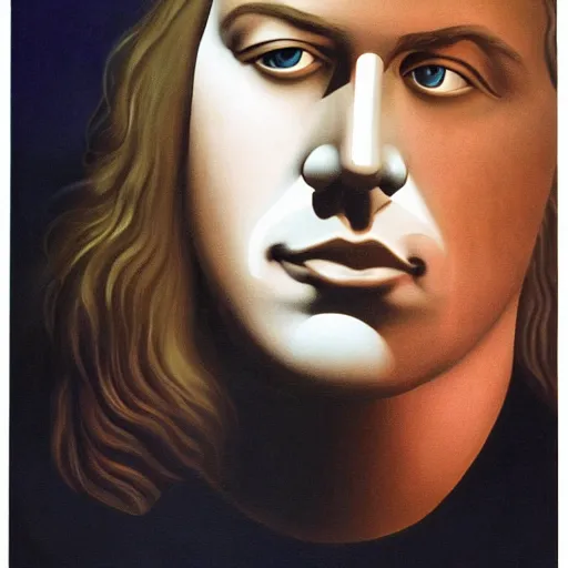 Prompt: painting of a young david gilmour by rene magritte, hd, 4 k, detailed, award winning