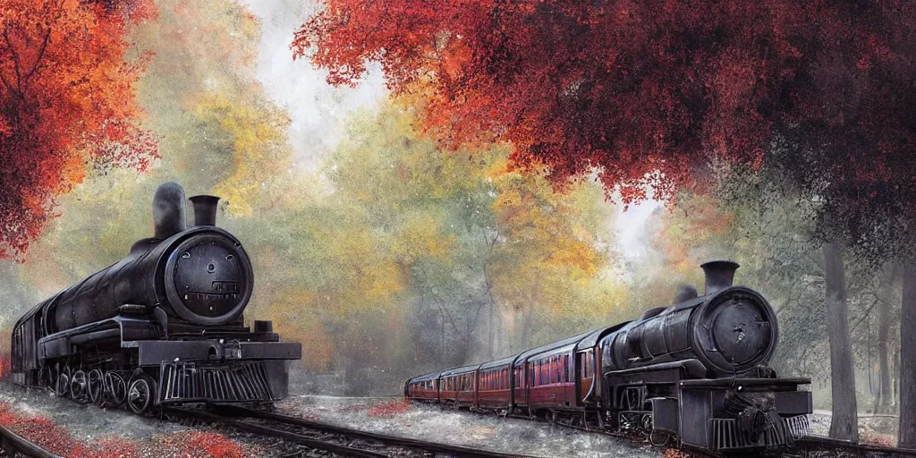 Image similar to A mysterious Hogwarts train in autumn arrives at a station. The leaves on the trees are changing color and falling to the ground. The air is cool and crisp. The train is long and black, and steam is coming out of the engine. The station is busy with people coming and going. by Alejandro Burdisio, Andreas Rocha, Tuomas Korpi, immaculate scale, hyper-realistic, Unreal Engine, Octane Render, digital art, trending on Artstation, 8k, detailed, atmospheric, immaculate