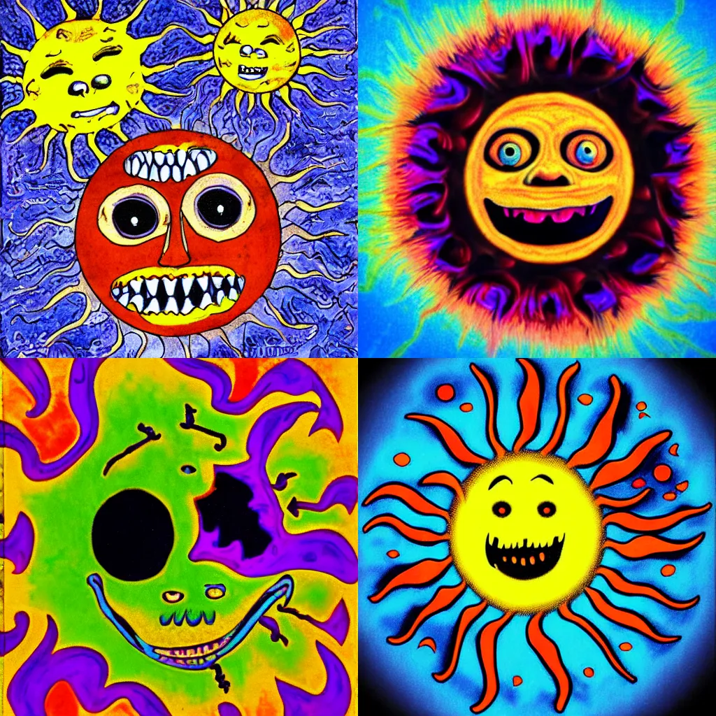 Image similar to creepy sun with a bad teeth greetings humans, trippy, bad trip, acid colors, glitches, trauma, primitivism, child drawing