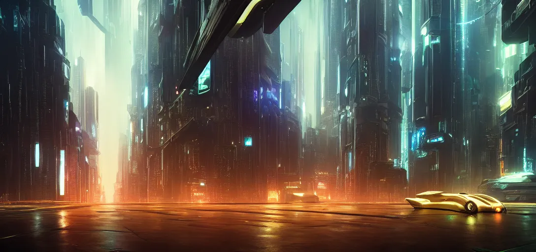 Image similar to view from the ground of a futuristic cyberpunk city at night in rain, with flying cars, symmetry, cinematic lighting, ultra detailed, sharp, ambient occlusion, raytracing, by greg rutowski, paul chadeisson and jessica rossier