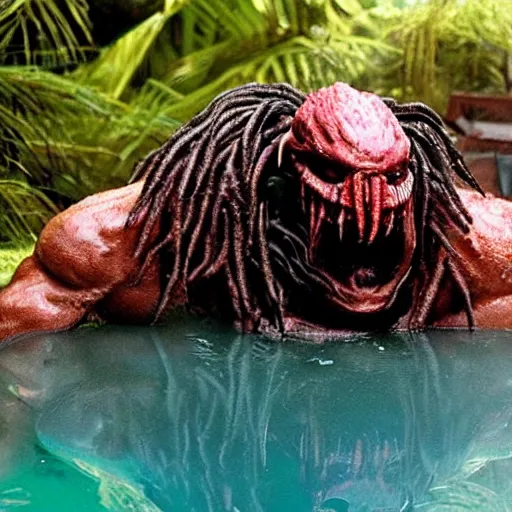 Prompt: a monster from predator in a hot tub