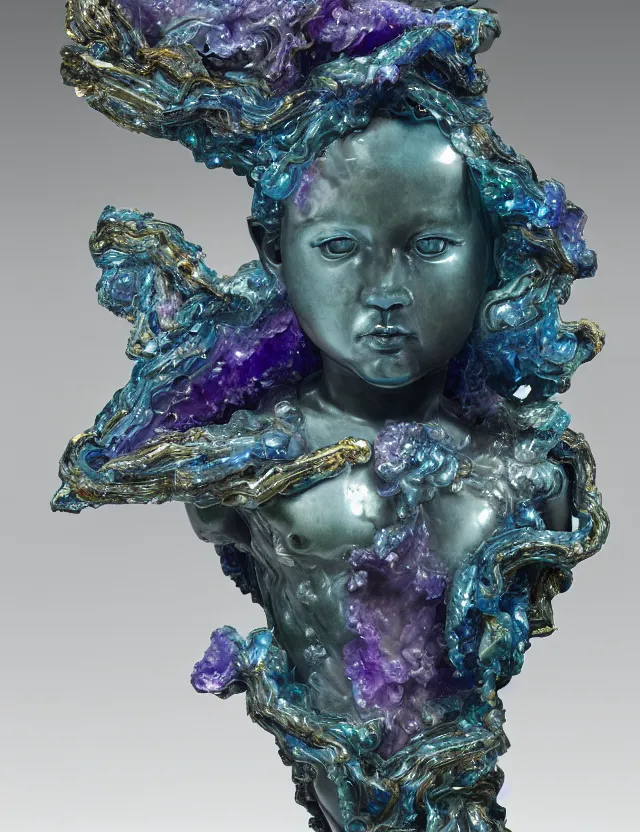 Image similar to a sculpture of a winged child made from blue and emerald and amethyst crystal geode formations with flowing marble water with obsidian base with liquid gold tendrils flowing by carlo maria mariani by stanisław szukalski, tesseract!!!, octane render, byzantine, spirals, elestial crystals, geode,