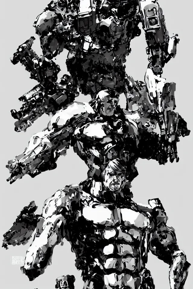 Image similar to a full - body portrait of cyborg donald trump, in yoji shinkawa's art style, metal gear solid art style, highly detailed, 4 k, artistic, white background, b & w