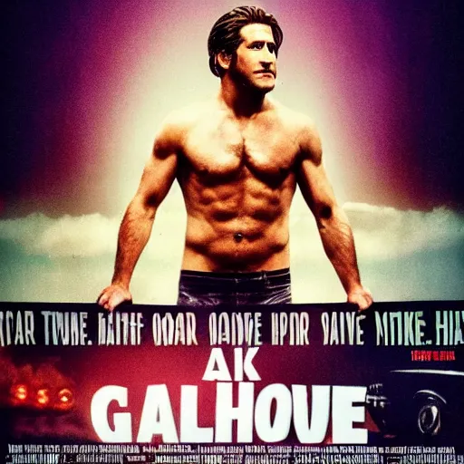 Image similar to a movie poster of Jake Gyllenhaal as patrick Swayze sitting in a hot tub in the movie Road House