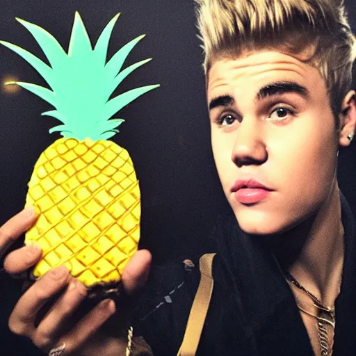 Image similar to justin bieber with a gun next to a pineapple