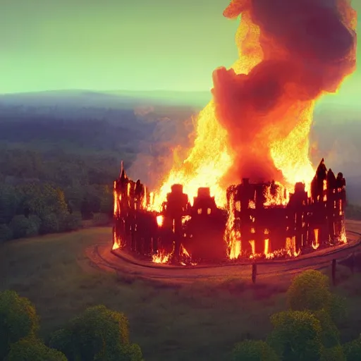 Image similar to a royal grand medieval castle on fire, on top of a hill, birds eye view from a distance, intense smoke, burning down, intense flames, center focus, landscape by simon stalenhag, rendered by beeple, by makoto shinkai, digital art