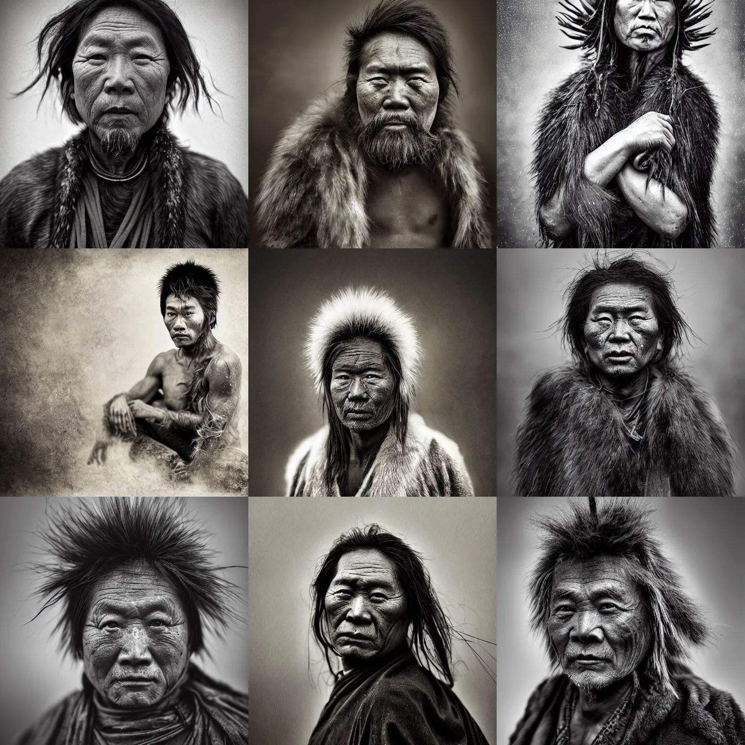 Prompt: Award Winning reportage Full-body Portrait of a Early-medieval weathered native Chinaman in the rain with incredible hair and beautiful eyes wearing animal furs and traditional garb with Black Tibetan Mastiff dogs around by Lee Jeffries, 85mm ND 4, perfect lighting, gelatin silver process