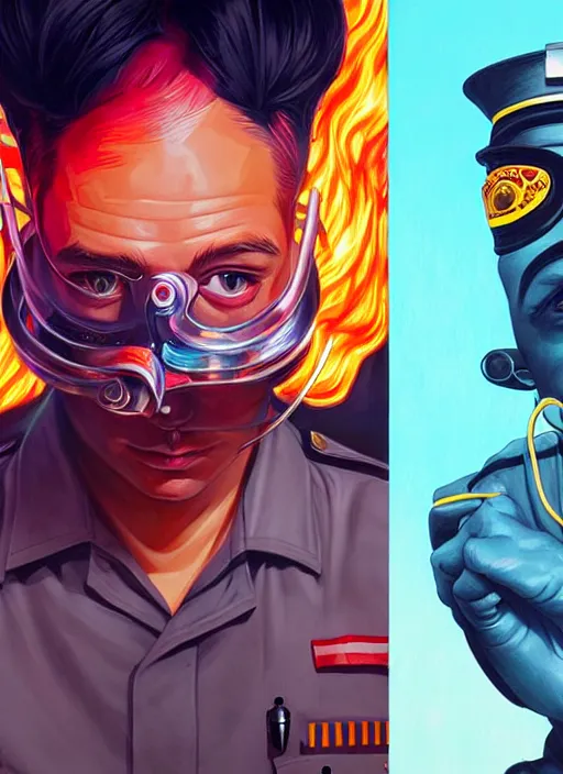 Image similar to burning police officer in sci fi prison, tristan eaton, victo ngai, artgerm, rhads, ross draws