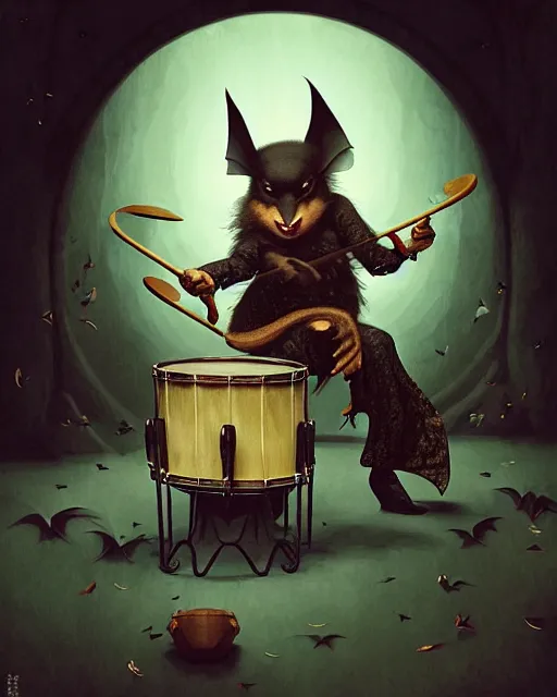 Prompt: anthropomorphic art of a bat playing the drum set, medieval clothing by artgerm, victo ngai, ryohei hase, artstation, highly detailed digital painting, smooth, global illumination, fantasy art by greg rutkowsky, karl spitzweg