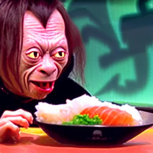 Image similar to gollum from lord of the rings eating sushi on a japanese game show