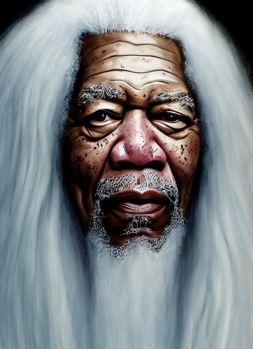 Image similar to portrait of morgan freeman as evil saurman the white, long white hair and white beard, long white robes, by alan lee, lord of the rings, smooth, oil painting, matte painting, concept art, trending on artstation, promotional artwork, film still, elegant, photorealistic facial features, intricate, detailed face, cinematic lighting