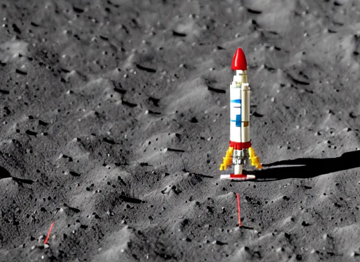 Prompt: a Lego rocket landing on the Moon