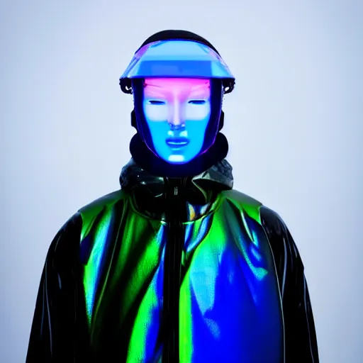 Image similar to an ultra high definition professional studio quality photograph of an artificially intelligent cyberpunk art influencer wearing a transparent iridescent pastel coloured face visor and matching raincoat on white coat hook in a sheer icelandic black rock environment. dramatic lighting. volumetric shadows. light rays