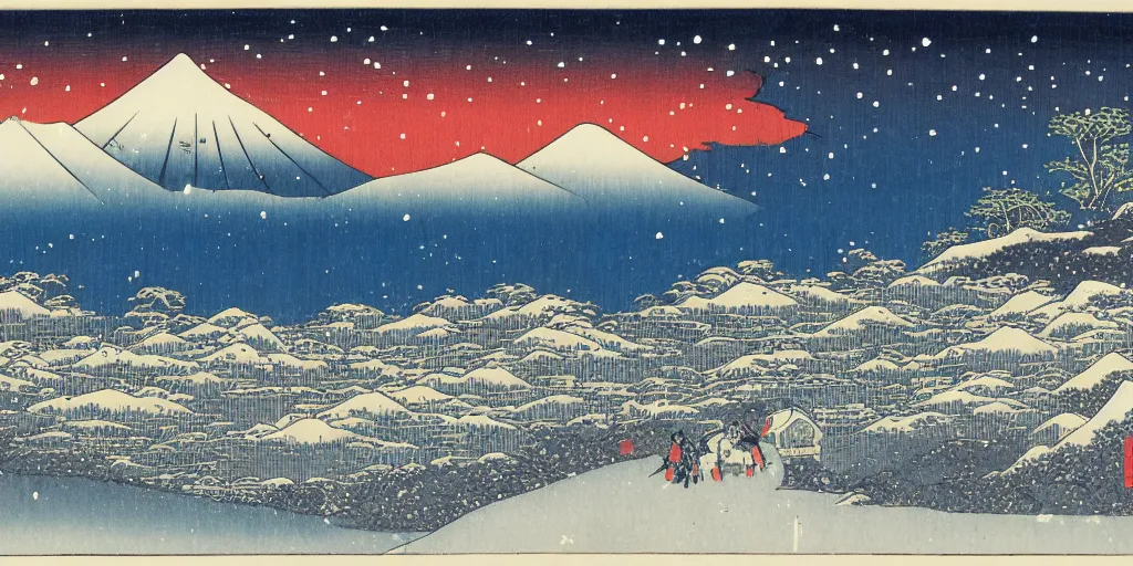 Prompt: snow field scenery at night, snowy and windy, with some tombs in the front, by hiroshige utakawa, ukiyoe