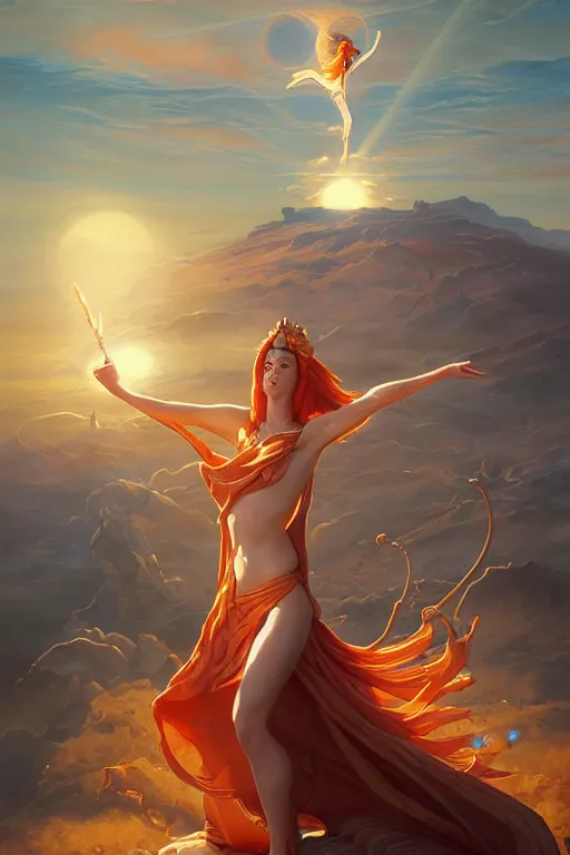 Prompt: the high Priestess of the sun god greets the rising sun, 8k resolution digital painting by Michael Whelan and Peter Mohrbacher, cinematic morning light