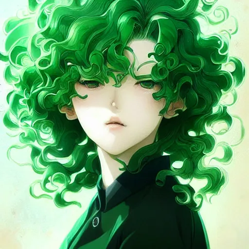 Image similar to detailed portrait art of tatsumaki with green curly hair, art by ross tran ilya kuvshinov krenz cushart, very detailed, intricate, digital anime art, sharp focus