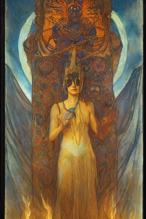 Image similar to queen of the underworld with her lantern, by Annie Swynnerton and Nicholas Roerich and jean delville, dramatic cinematic lighting , ornate headdress , flowing robes, sacred artifacts, lost civilizations, smooth, sharp focus, extremely detailed