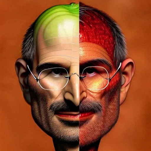 Image similar to apples, apples arranged in the shape of a face resembling steve jobs, fantasy, intricate, elegant, highly detailed, lifelike, photorealistic, digital painting, artstation, illustration, smooth, sharp focus, art by giuseppe arcimboldo