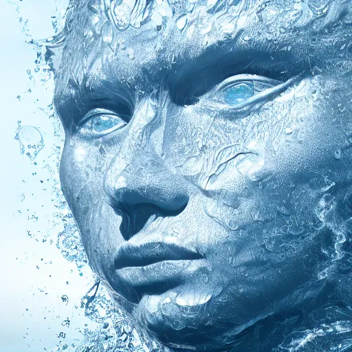 Prompt: water artwork manipulation in the shape of a human head on the ocean, ray tracing, realistic water sharp focus, long shot, 8 k resolution, cinematic