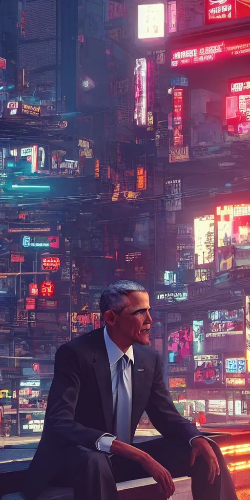 Image similar to “beautiful up close photo of Obama staring toward camera while sitting in the streets of night city’s corpo plaza, cyberpunk 2077”