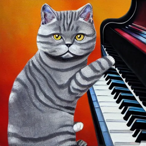 Prompt: grey british shorthair cat with colorful stripes sitting on piano keys with musical notes in the background ultra detailed realistic fine art painting 4 k