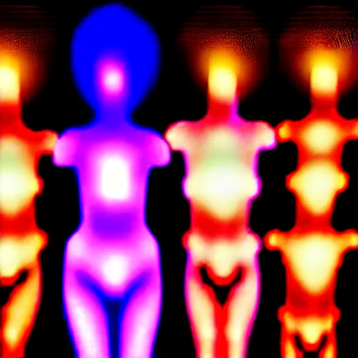 Image similar to diverse groups of humans with glowing electronic body implants projecting amazing images collectively, from behind, rebirth, beauty, wide angle, elaborate, wet, highly detailed, colors, beautiful lighting