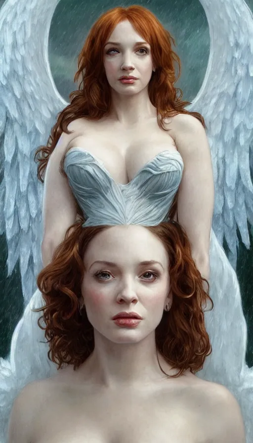 Image similar to Angel Bride, perfectly-centered-painting of young Christina Hendricks looking at the camera, hands not visible, sweaty, wet, dynamic action pose, insane, intricate, highly detailed, digital painting, artstation, concept art, smooth, sharp focus, illustration, Unreal Engine 5, 8K, art by artgerm and greg rutkowski and alphonse mucha