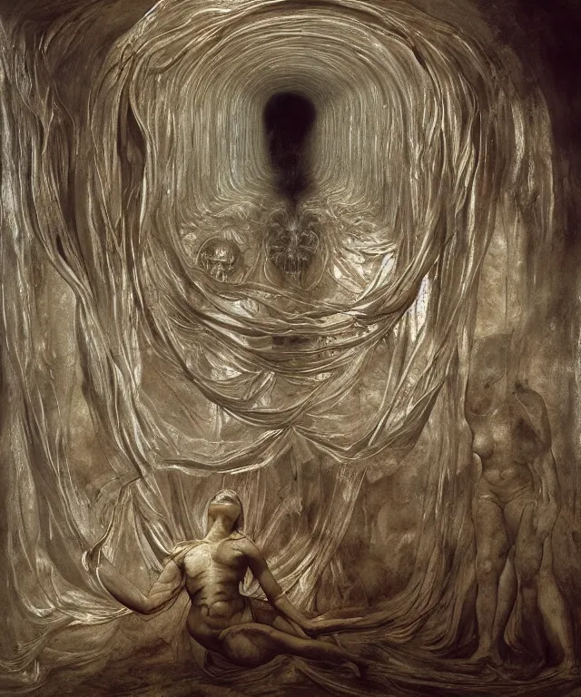 Image similar to The transparent room without doors and windows with beautiful full-body wax sculpture of the glowing transparent woman with visible golden bones inside it in the singularity where stars becoming baroque folds of dark matter by Michelangelo da Caravaggio, Nicola Samori, William Blake, Alex Grey and Beksinski, dramatic volumetric lighting, highly detailed oil painting, 8k, masterpiece