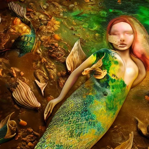 Prompt: a sad mermaid covered in toxic sludge, wildlife photography, intricate details, highly detailed, photorealistic, 8 k