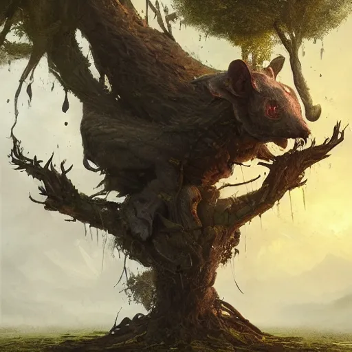 Image similar to living tree, in the shape of a rat with legs and yellow eyes, dark land, by greg rutkowski, trending on art station, highly detailed, magic the gathering, matte painting